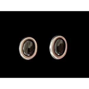 Vintage NVC 0925 Sterling Silver Faux Black Cabochon Clip on Earrings 925